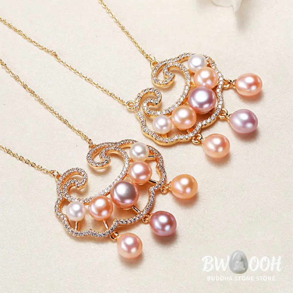 Buddha Stones 18K Gold Plated Natural Pearl Chinese Lock Charm Sincerity Necklace Pendant - BWOOOH - Necklaces &amp;