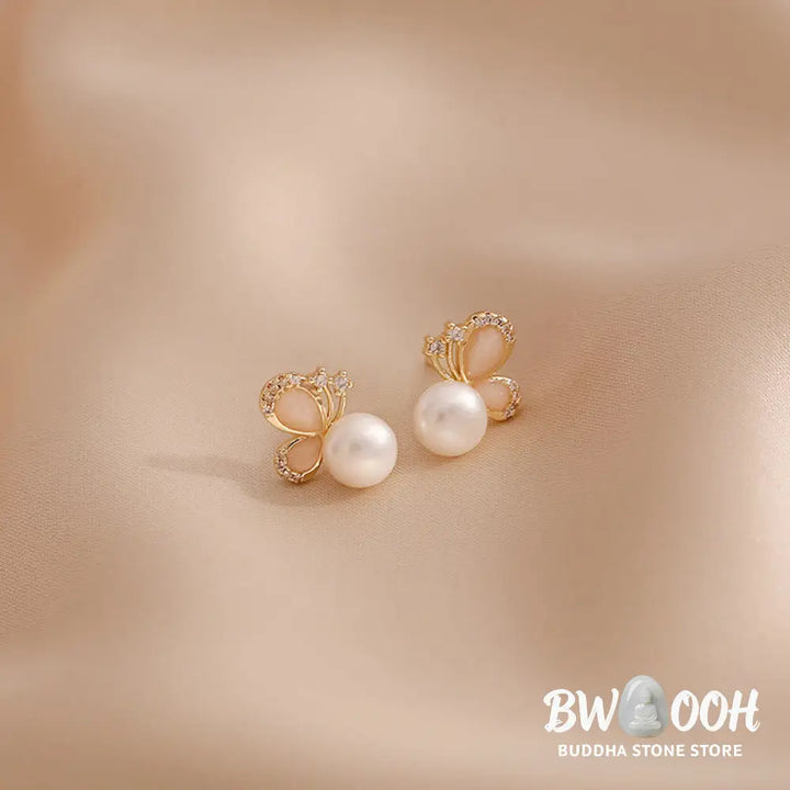 Buddha Stones 18k Gold Plated Pearl Butterfly Love Freedom Stud Earrings - Pearl Butterfly - Earrings