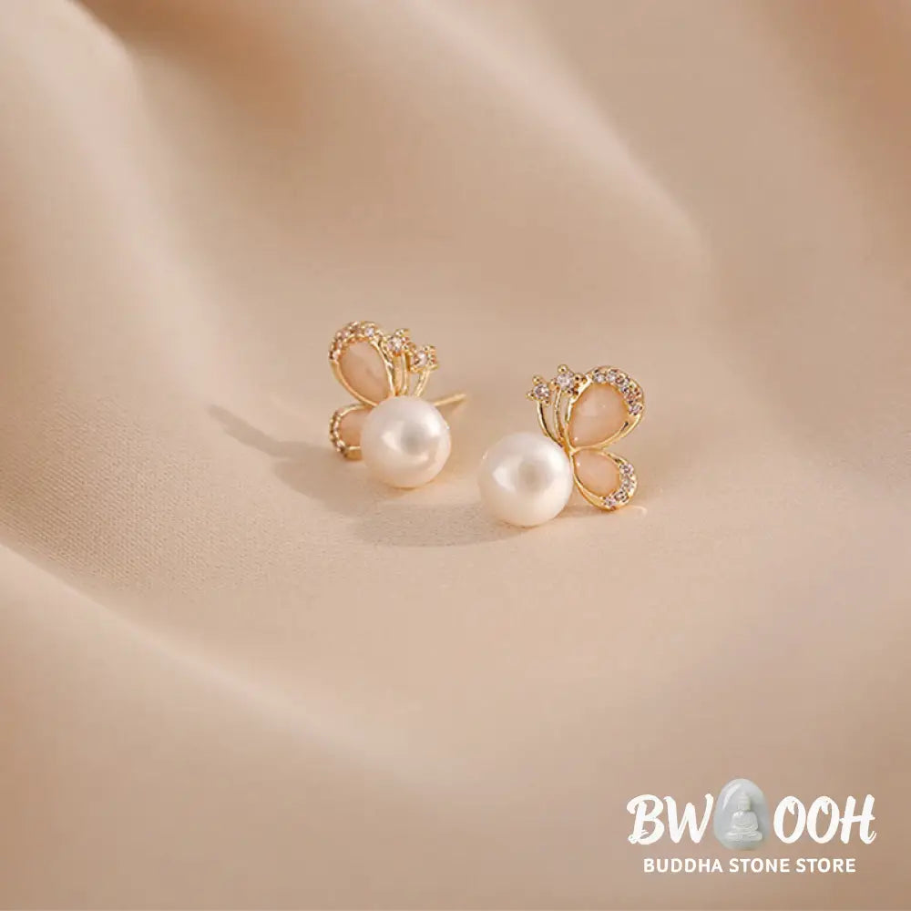 Buddha Stones 18k Gold Plated Pearl Butterfly Love Freedom Stud Earrings - Pearl Butterfly - Earrings