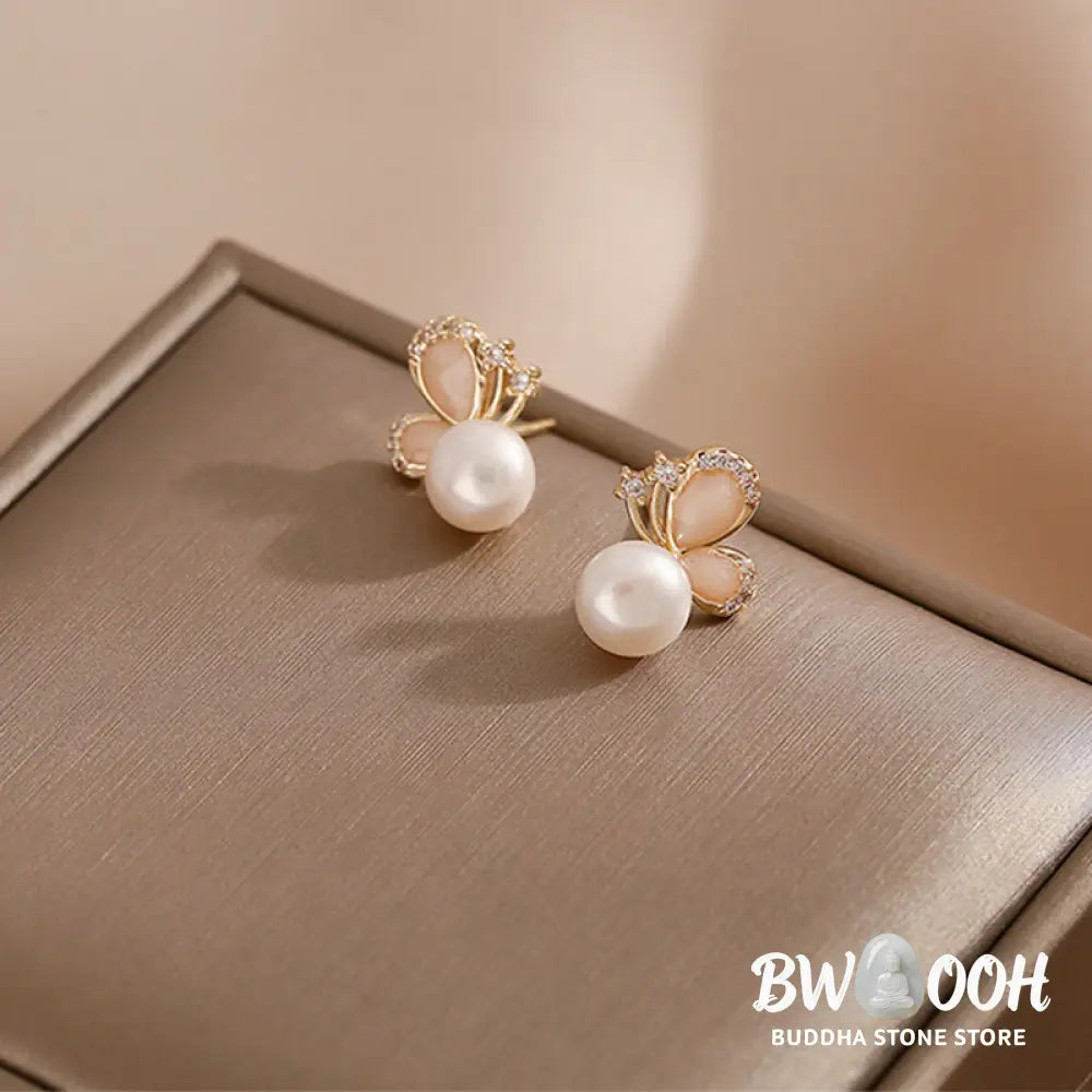 Buddha Stones 18k Gold Plated Pearl Butterfly Love Freedom Stud Earrings - Pearl Butterfly - Earrings