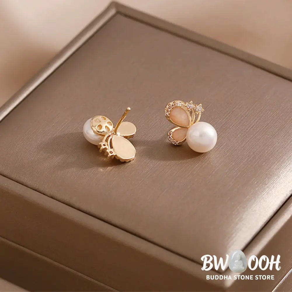 Buddha Stones 18k Gold Plated Pearl Butterfly Love Freedom Stud Earrings - Pearl Butterfly - Earrings