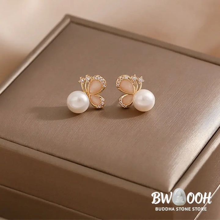 Buddha Stones 18k Gold Plated Pearl Butterfly Love Freedom Stud Earrings - Pearl Butterfly - Earrings