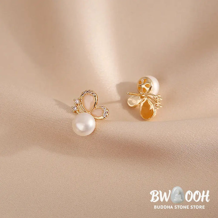 Buddha Stones 18k Gold Plated Pearl Butterfly Love Freedom Stud Earrings - Pearl Butterfly - Earrings