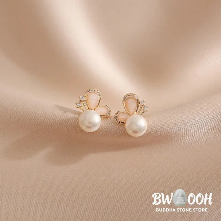 Buddha Stones 18k Gold Plated Pearl Butterfly Love Freedom Stud Earrings - Pearl Butterfly - Earrings