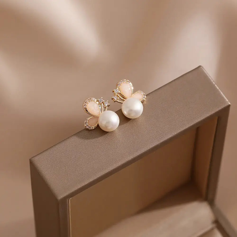 BWOOOH 18k Gold Plated Pearl Butterfly Love Freedom Stud Earrings — Gold Plated crystal healing bracelet for spiritual hea...