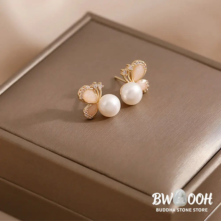 Buddha Stones 18k Gold Plated Pearl Butterfly Love Freedom Stud Earrings - Pearl Butterfly - Earrings