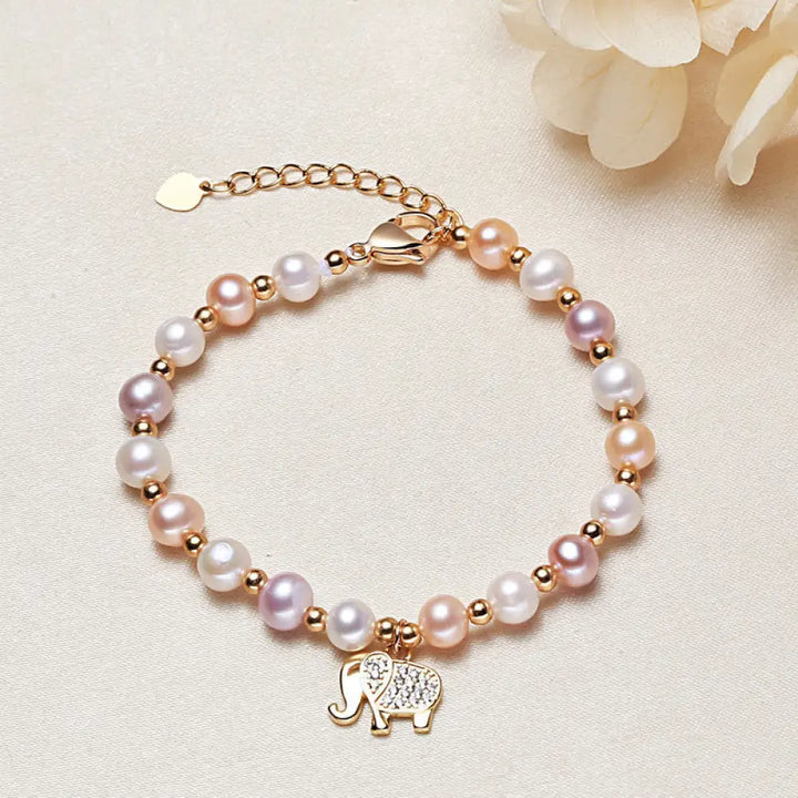 BWOOOH 18K Gold Plated Pearl Elephant Charm Bracelet with Zircon