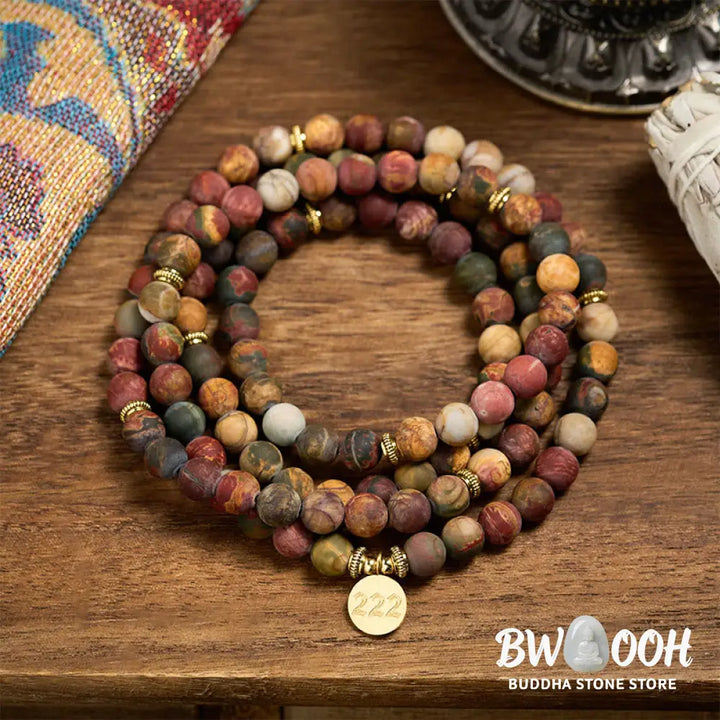Buddha Stones 222 Angel Number 108 Mala Beads Picasso Jasper Stone Energy Mala - 222 - Mala