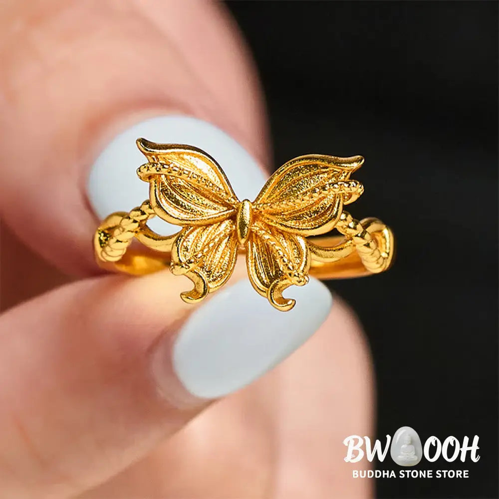 Buddha Stones 24k Gold Plated Brass Butterfly Symbol Adjustable Love Ring - Adjustable(Inner Diameter: 16.8mm) - Ring