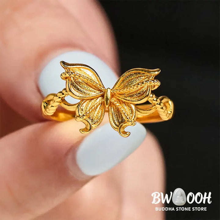 Buddha Stones 24k Gold Plated Brass Butterfly Symbol Adjustable Love Ring - Adjustable(Inner Diameter: 16.8mm) - Ring