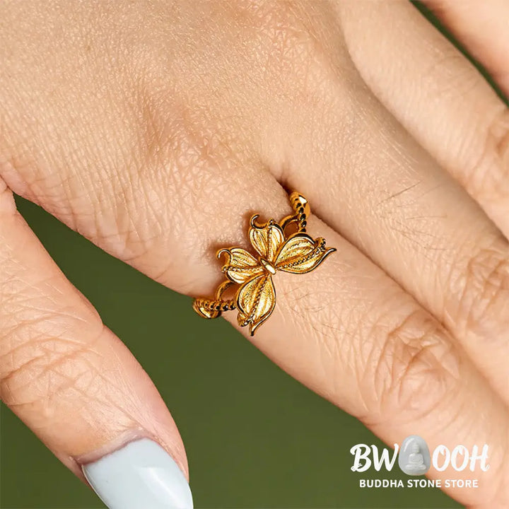 Buddha Stones 24k Gold Plated Brass Butterfly Symbol Adjustable Love Ring - Adjustable(Inner Diameter: 16.8mm) - Ring