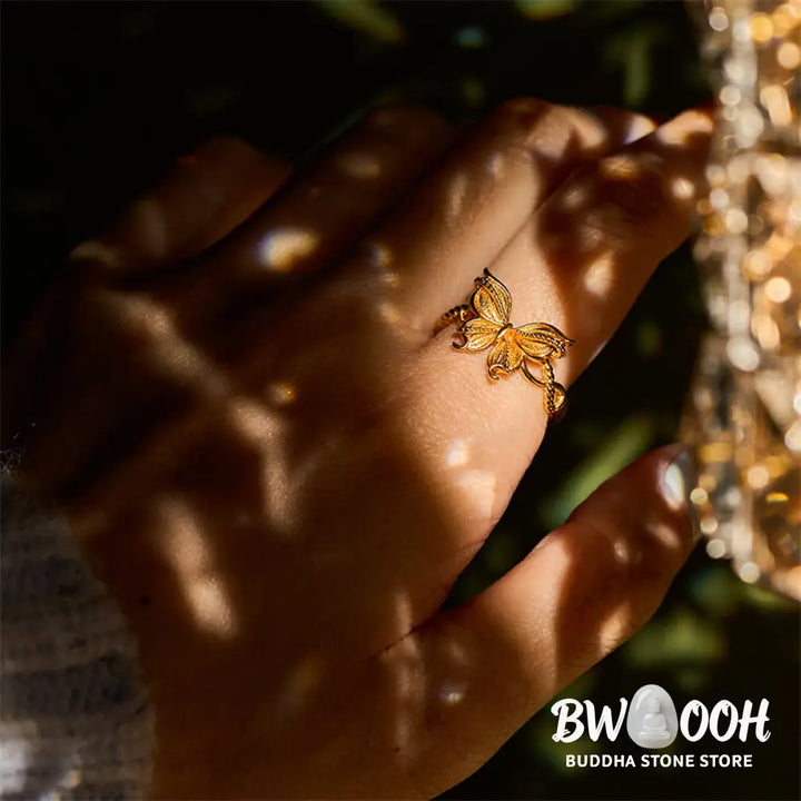 Buddha Stones 24k Gold Plated Brass Butterfly Symbol Adjustable Love Ring - Adjustable(Inner Diameter: 16.8mm) - Ring