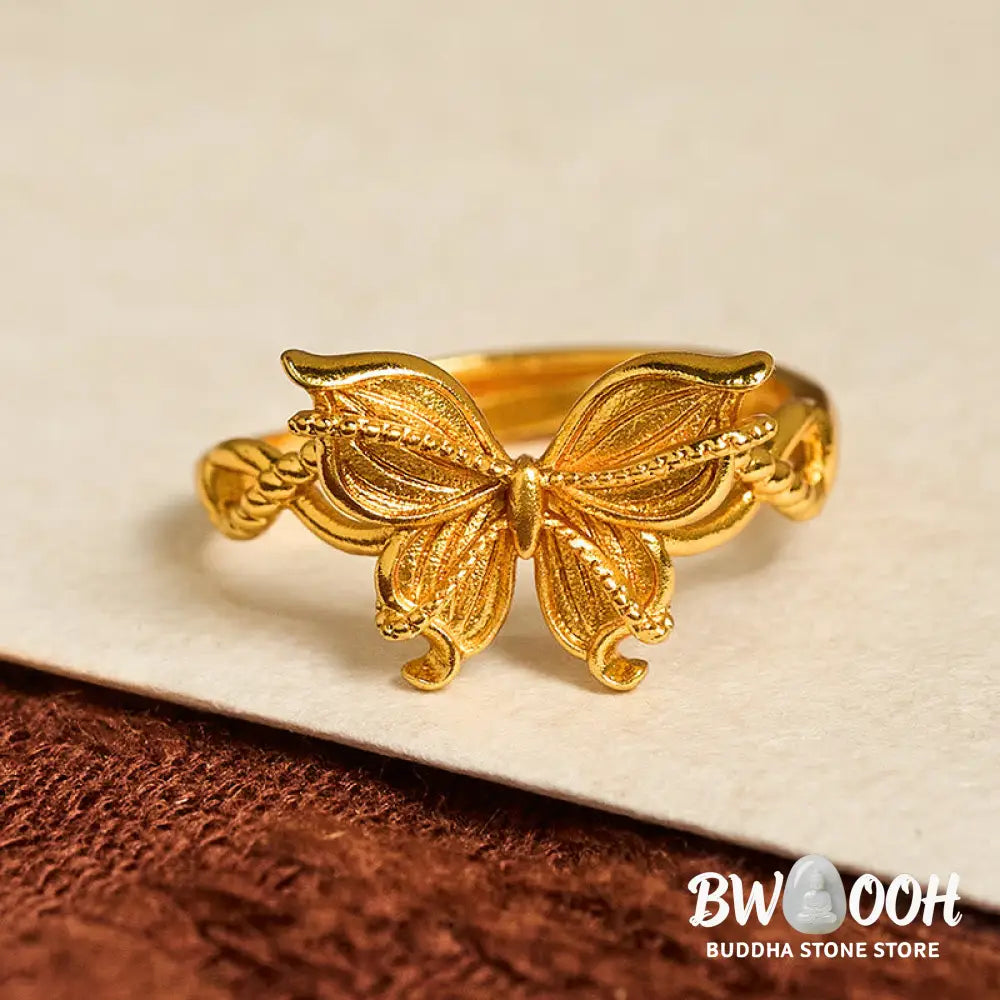 Buddha Stones 24k Gold Plated Brass Butterfly Symbol Adjustable Love Ring - Adjustable(Inner Diameter: 16.8mm) - Ring