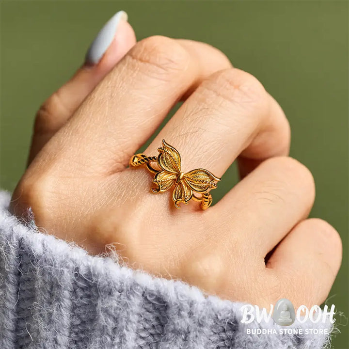 Buddha Stones 24k Gold Plated Brass Butterfly Symbol Adjustable Love Ring - Adjustable(Inner Diameter: 16.8mm) - Ring