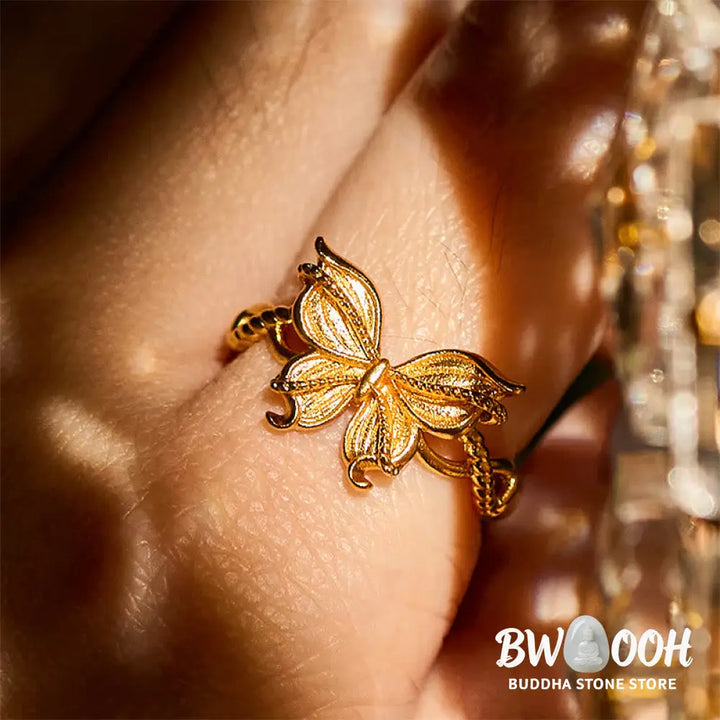 Buddha Stones 24k Gold Plated Brass Butterfly Symbol Adjustable Love Ring - Adjustable(Inner Diameter: 16.8mm) - Ring