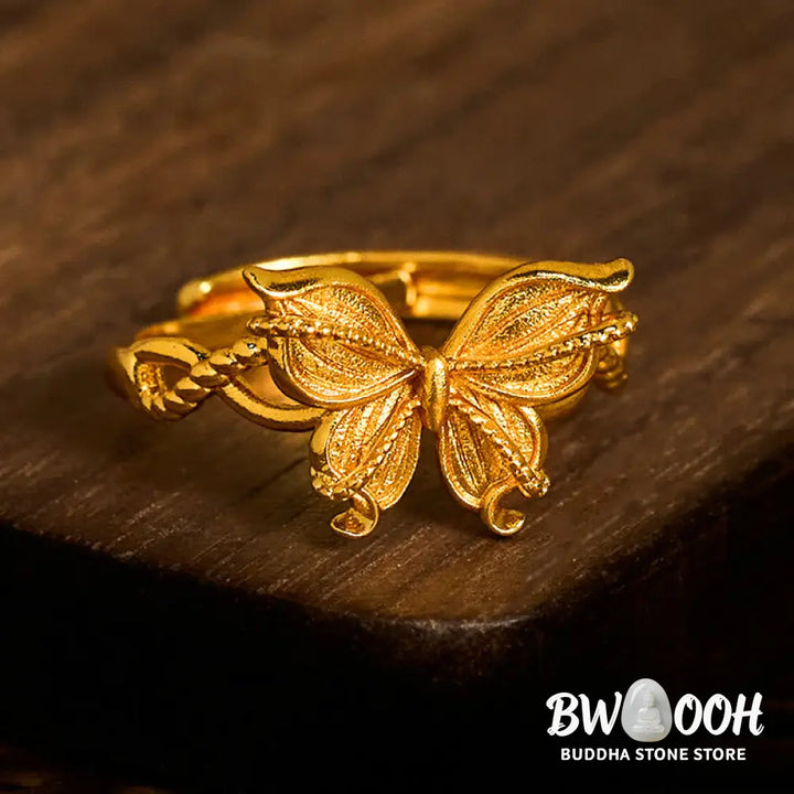 Buddha Stones 24k Gold Plated Brass Butterfly Symbol Adjustable Love Ring - Adjustable(Inner Diameter: 16.8mm) - Ring