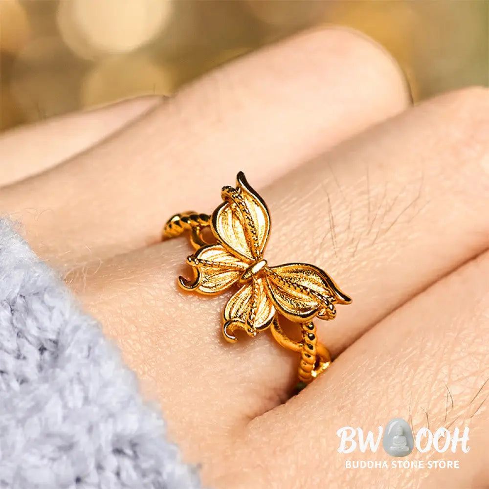 Buddha Stones 24k Gold Plated Brass Butterfly Symbol Adjustable Love Ring - Adjustable(Inner Diameter: 16.8mm) - Ring