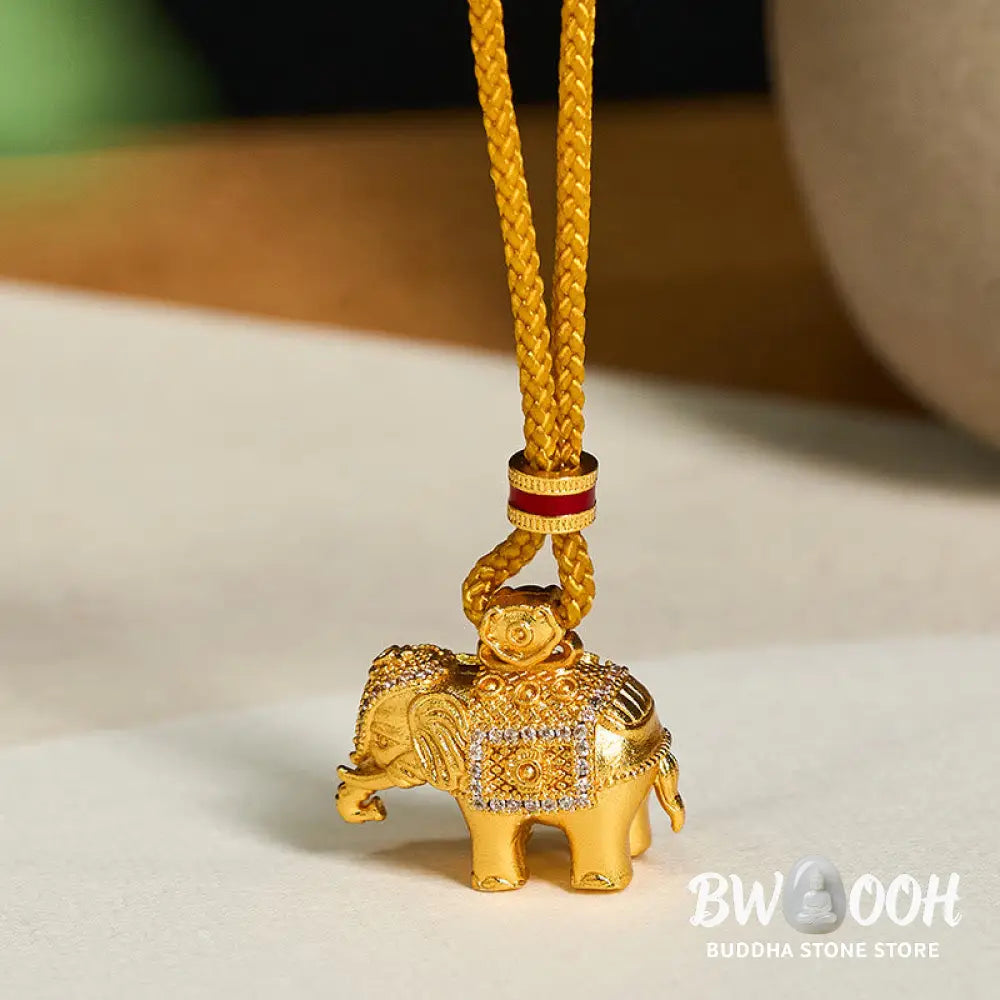 Buddha Stones 24k Gold Plated Brass Elephant Charm Strength Rope Necklace Pendant - BWOOOH - Elephant - Necklaces &
