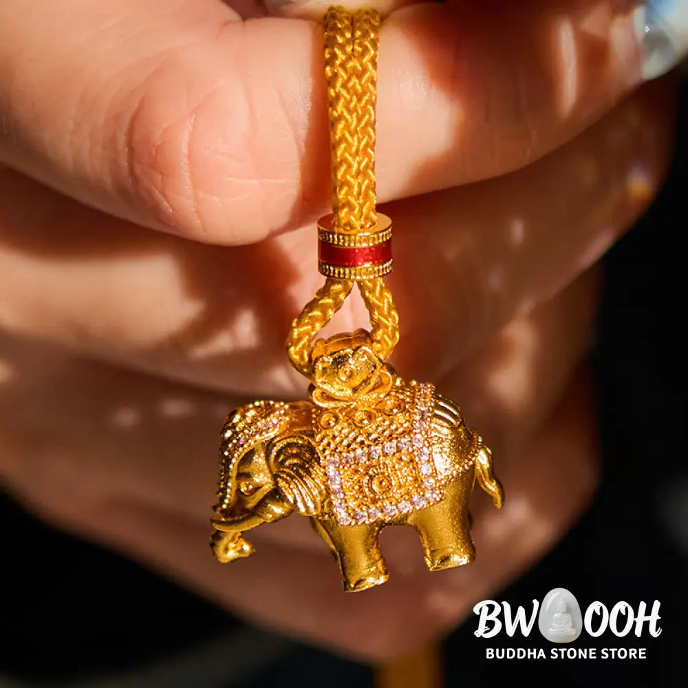 Buddha Stones 24k Gold Plated Brass Elephant Charm Strength Rope Necklace Pendant - BWOOOH - Elephant - Necklaces &amp;