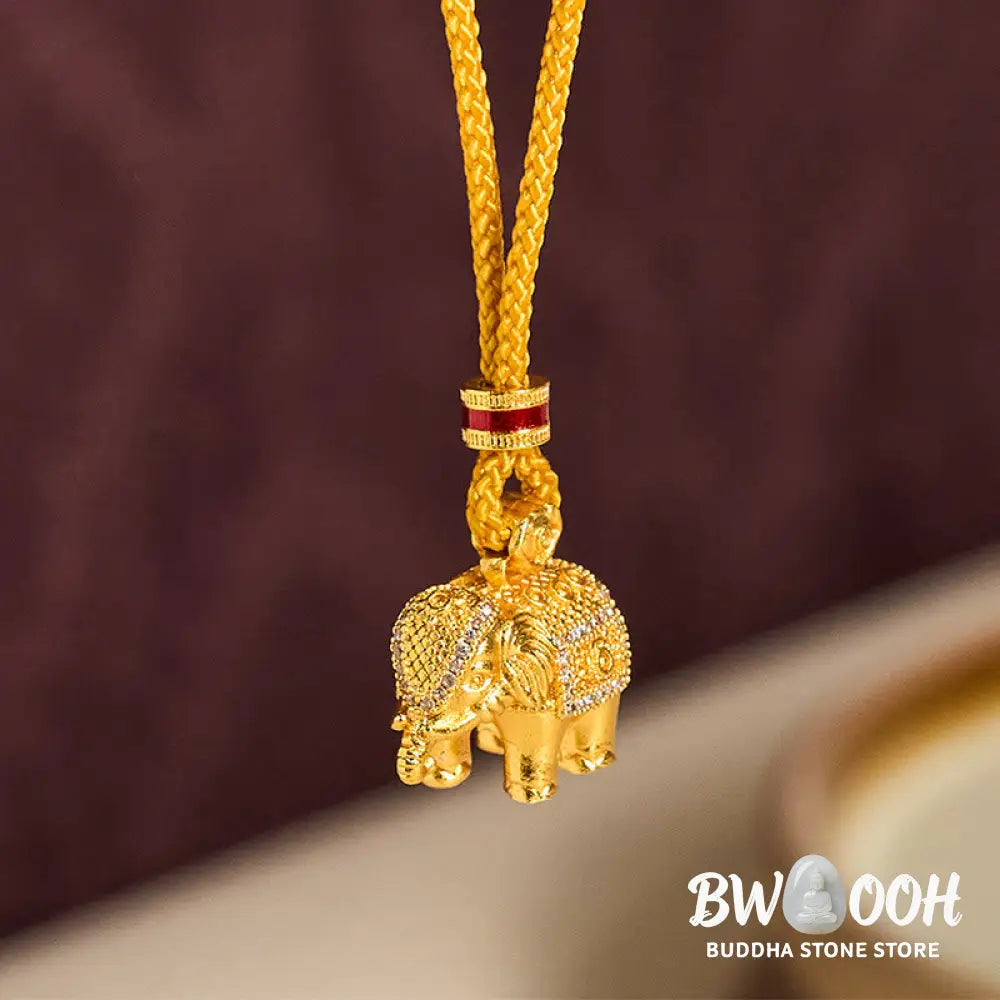 Buddha Stones 24k Gold Plated Brass Elephant Charm Strength Rope Necklace Pendant - BWOOOH - Elephant - Necklaces &amp;