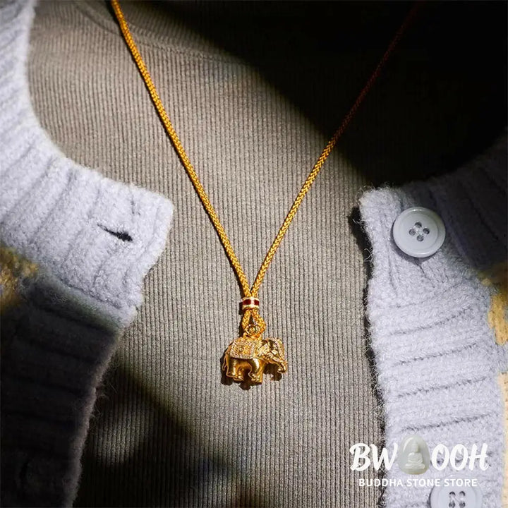 Buddha Stones 24k Gold Plated Brass Elephant Charm Strength Rope Necklace Pendant - BWOOOH - Elephant - Necklaces &amp;