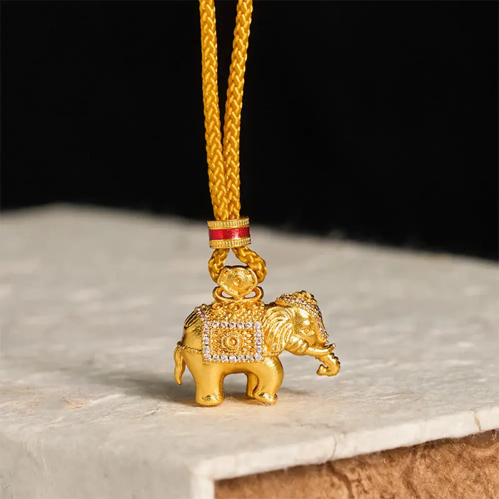 BWOOOH 24k Gold Plated Brass Elephant Charm Strength Rope Necklace Pendant