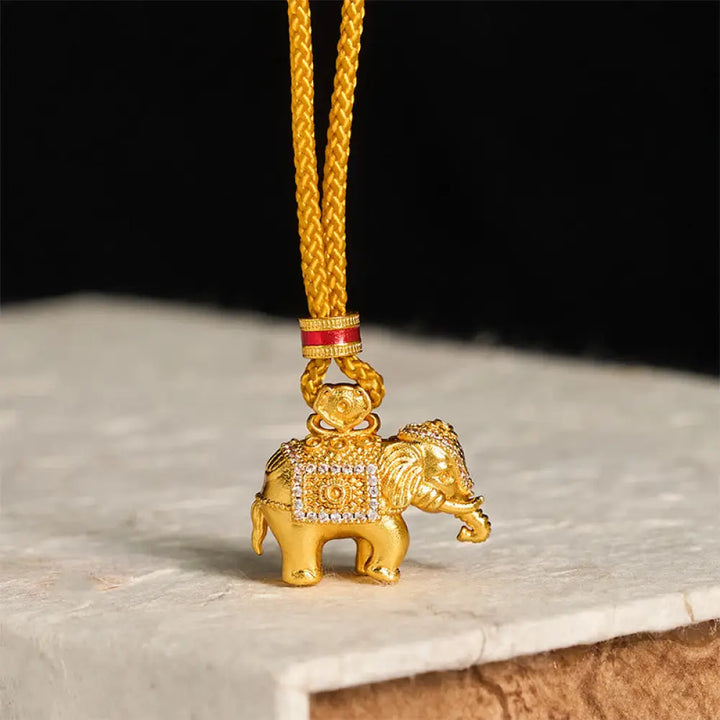 BWOOOH 24k Gold Plated Brass Elephant Charm Strength Rope Necklace Pendant