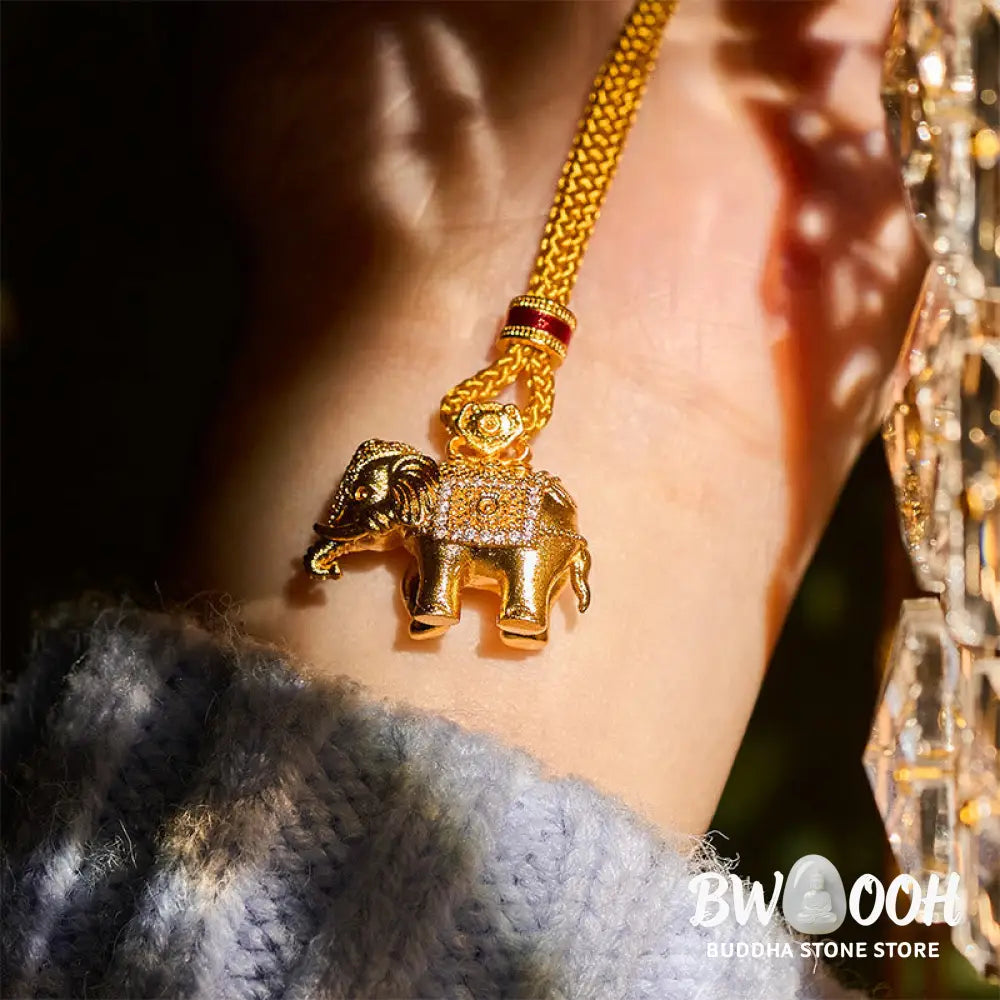 Buddha Stones 24k Gold Plated Brass Elephant Charm Strength Rope Necklace Pendant - BWOOOH - Elephant - Necklaces &amp;