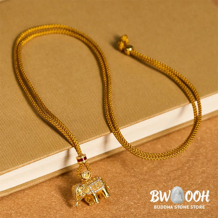 Buddha Stones 24k Gold Plated Brass Elephant Charm Strength Rope Necklace Pendant - BWOOOH - Elephant - Necklaces &amp;