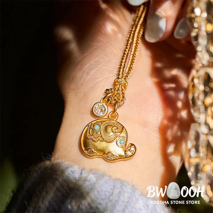 Buddha Stones 24k Gold Plated Brass Elephant Symbol Braided Cord Strength Necklace Pendant - BWOOOH - Elephant