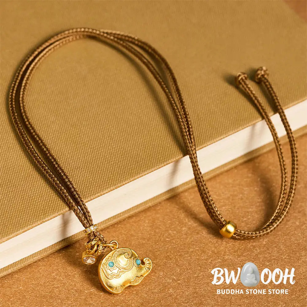 Buddha Stones 24k Gold Plated Brass Elephant Symbol Braided Cord Strength Necklace Pendant - BWOOOH - Elephant