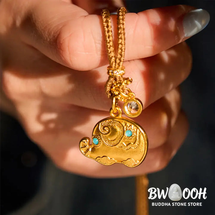 Buddha Stones 24k Gold Plated Brass Elephant Symbol Braided Cord Strength Necklace Pendant - BWOOOH - Elephant