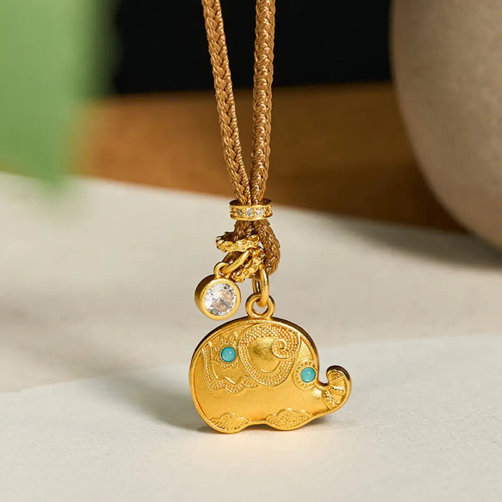 BWOOOH 24k Gold Plated Brass Elephant Symbol Braided Cord Strength Necklace Pendant