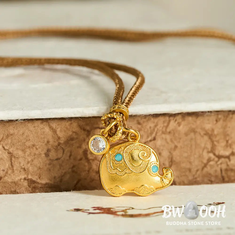Buddha Stones 24k Gold Plated Brass Elephant Symbol Braided Cord Strength Necklace Pendant - BWOOOH - Elephant