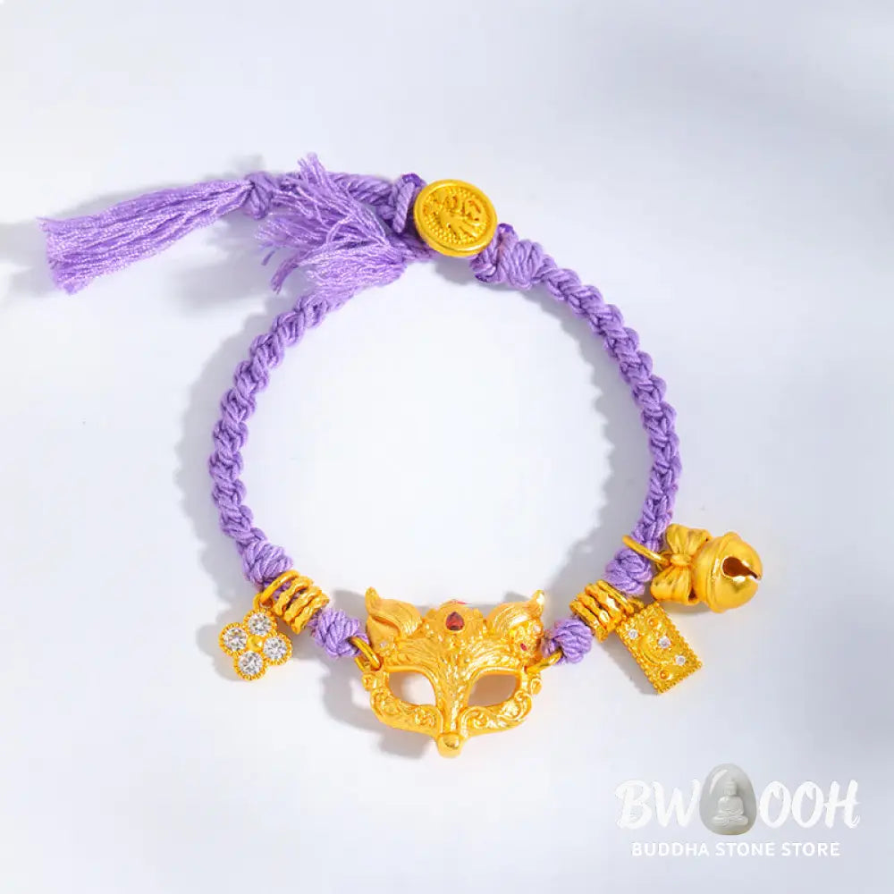 Buddha Stones 24k Gold Plated Brass Fox Bell Charm Fu Character Woven Purple String Luck Bracelet - String(Wrist