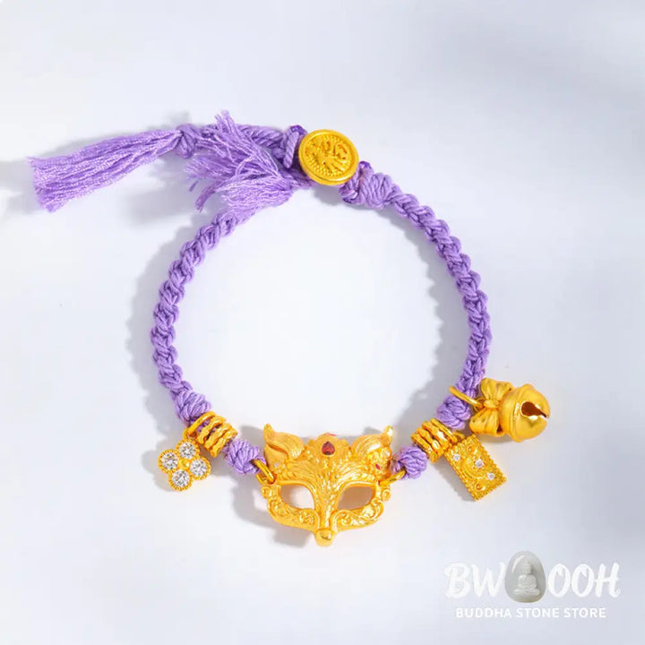 Buddha Stones 24k Gold Plated Brass Fox Bell Charm Fu Character Woven Purple String Luck Bracelet - String(Wrist