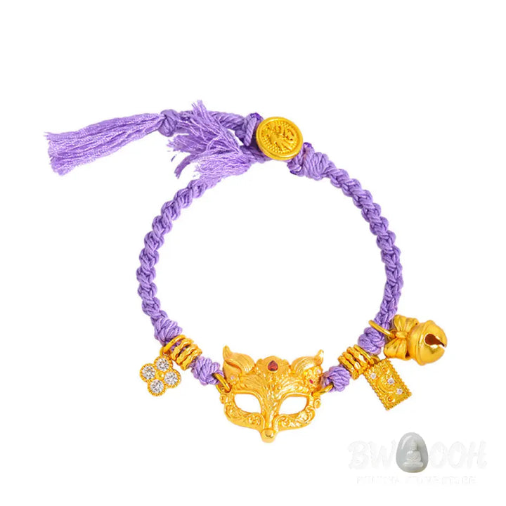 Buddha Stones 24k Gold Plated Brass Fox Bell Charm Fu Character Woven Purple String Luck Bracelet - String(Wrist