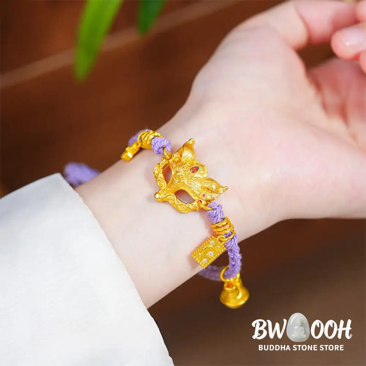 Buddha Stones 24k Gold Plated Brass Fox Bell Charm Fu Character Woven Purple String Luck Bracelet - String(Wrist