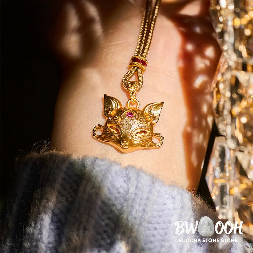 Buddha Stones 24k Gold Plated Brass Fox Charm Texture Rope Necklace Pendant - BWOOOH - Fox - Necklaces &amp; Pendants