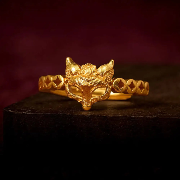 BWOOOH 24k Gold Plated Brass Fox Coin Hollow Design Adjustable Ring — Gold Plated crystal healing bracelet for spiritual h...