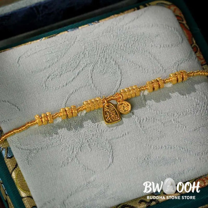 Buddha Stones 24k Gold Plated Brass Fu Character Lucky Charm Blessing Bracelet - Brass(Wrist Circumference: 15-19cm)