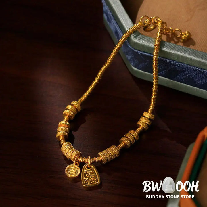 Buddha Stones 24k Gold Plated Brass Fu Character Lucky Charm Blessing Bracelet - Brass(Wrist Circumference: 15-19cm)
