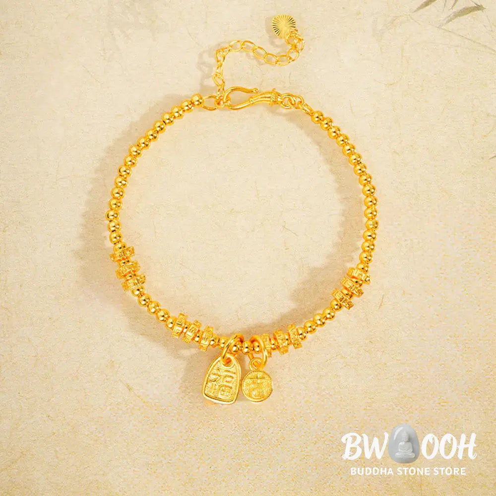 Buddha Stones 24k Gold Plated Brass Fu Character Lucky Charm Blessing Bracelet - Brass(Wrist Circumference: 15-19cm)