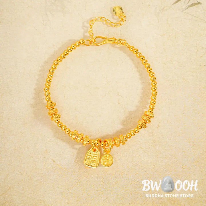 Buddha Stones 24k Gold Plated Brass Fu Character Lucky Charm Blessing Bracelet - Brass(Wrist Circumference: 15-19cm)