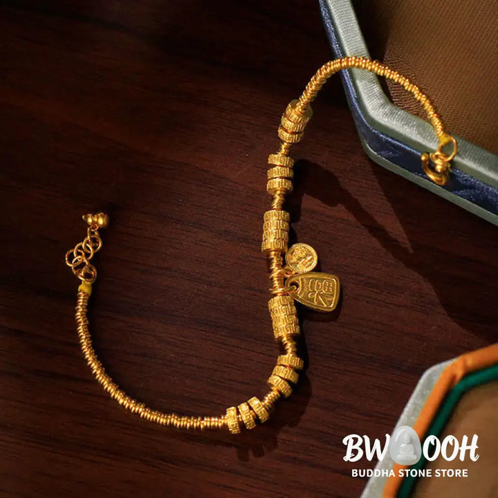 Buddha Stones 24k Gold Plated Brass Fu Character Lucky Charm Blessing Bracelet - Brass(Wrist Circumference: 15-19cm)