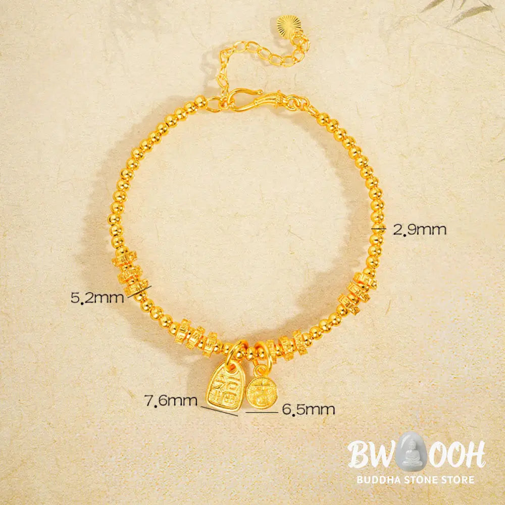 Buddha Stones 24k Gold Plated Brass Fu Character Lucky Charm Blessing Bracelet - Brass(Wrist Circumference: 15-19cm)
