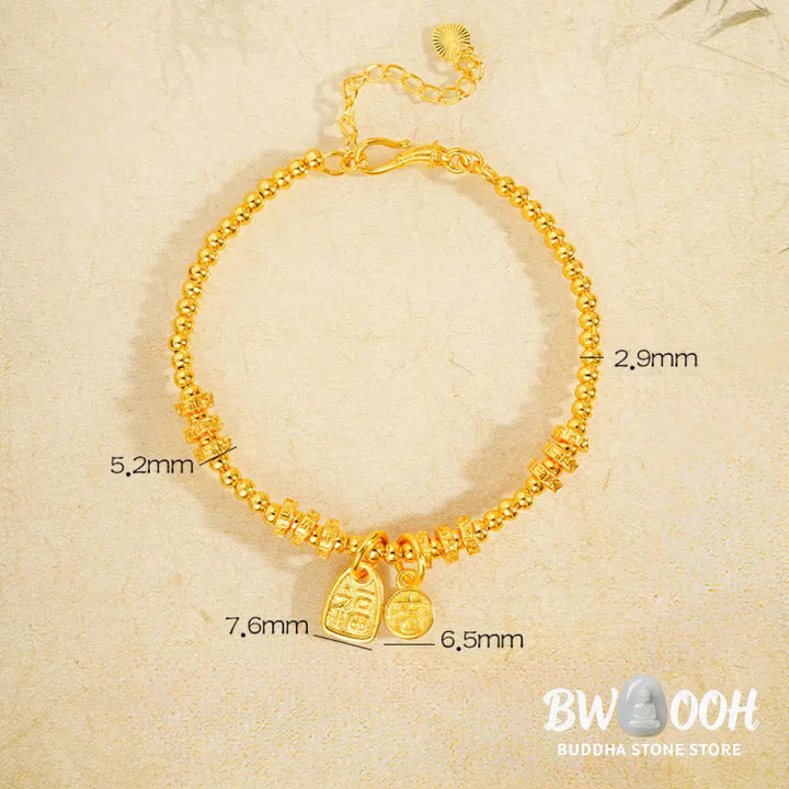 Buddha Stones 24k Gold Plated Brass Fu Character Lucky Charm Blessing Bracelet - Brass(Wrist Circumference: 15-19cm)