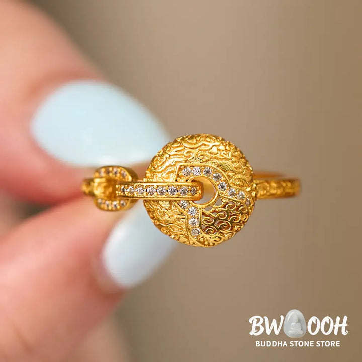 Buddha Stones 24k Gold Plated Brass Hollow Carved Design Peace Buckle Adjustable Fortune Ring - Adjustable - Ring
