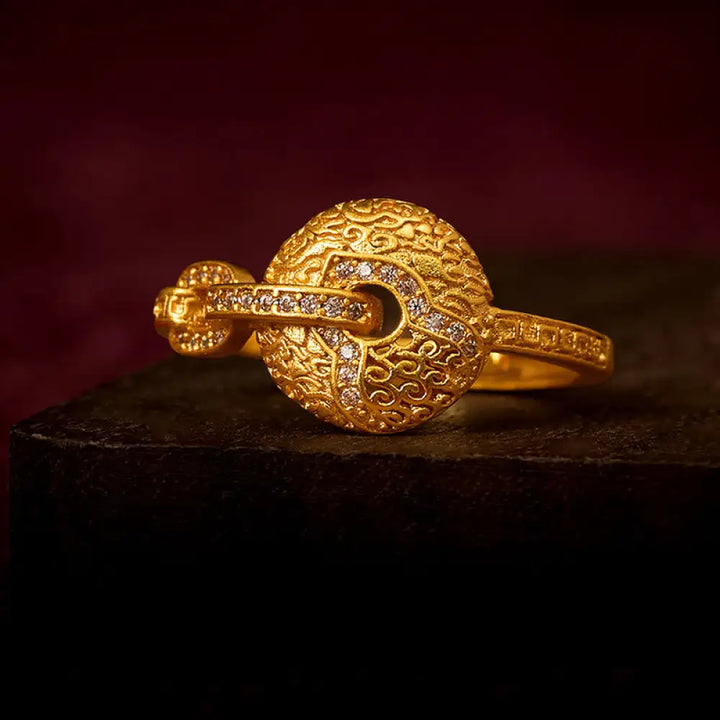 BWOOOH 24k Gold Plated Brass Hollow Carved Design Peace Buckle Adjustable Fortune Ring — Gold Plated crystal healing brace...