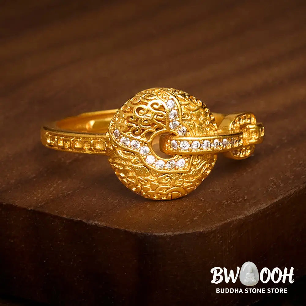 Buddha Stones 24k Gold Plated Brass Hollow Carved Design Peace Buckle Adjustable Fortune Ring - Adjustable - Ring